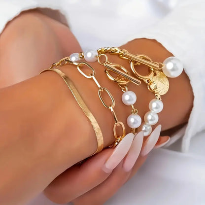 Chic Guld 4-Piece Armband Set - Orm, Pärlor & Länkar | Guld