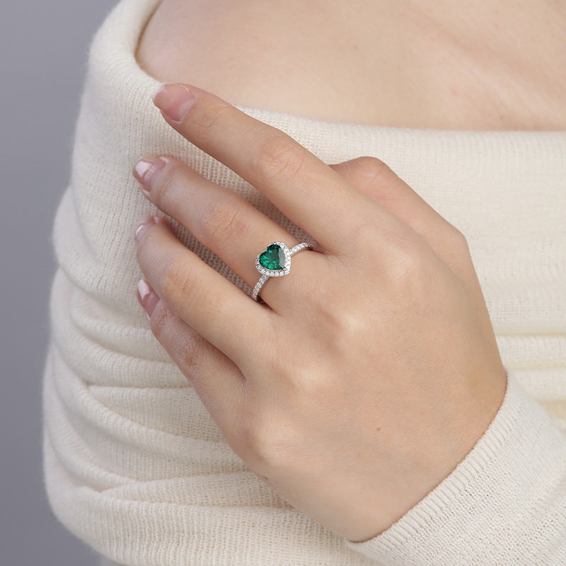 Silver Smaragd Hjärta Halo Ring