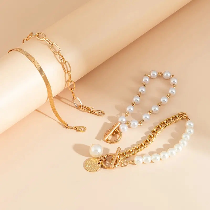 Chic Guld 4-Piece Armband Set - Orm, Pärlor & Länkar | Guld