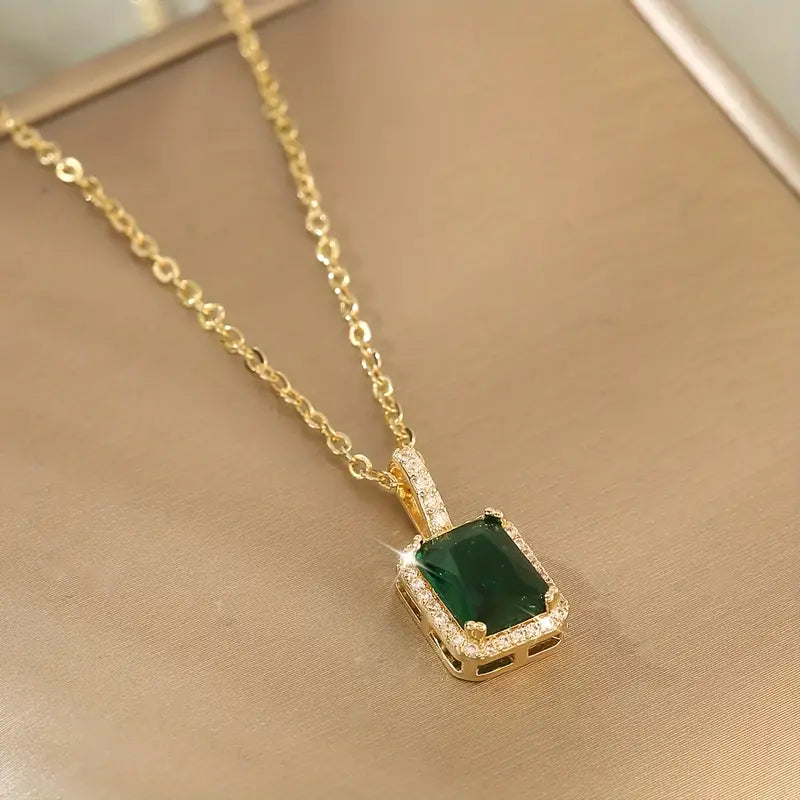 Guld Smaragd Rektangulär Halo Halsband