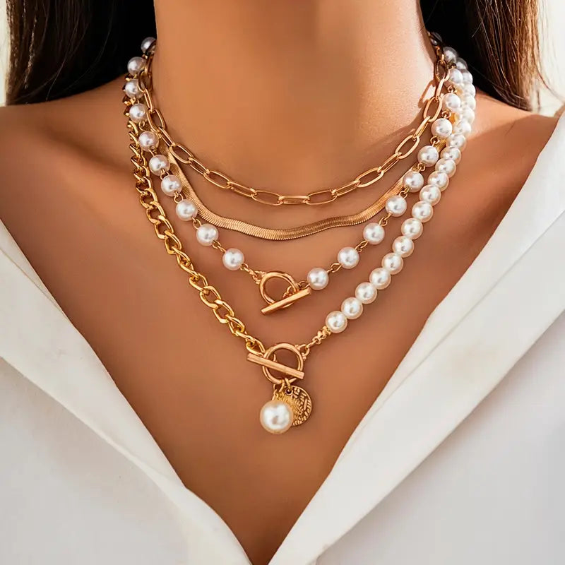 Vintage Pärl & Guld Orm Länkhalsband Set | Guld