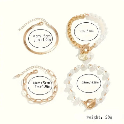 Chic Guld 4-Piece Armband Set - Orm, Pärlor & Länkar | Guld