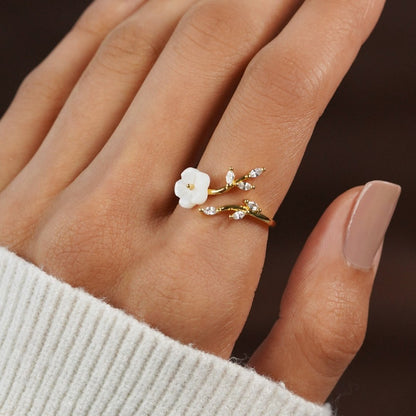 Guld Blommig och Leaf Öppen Ring